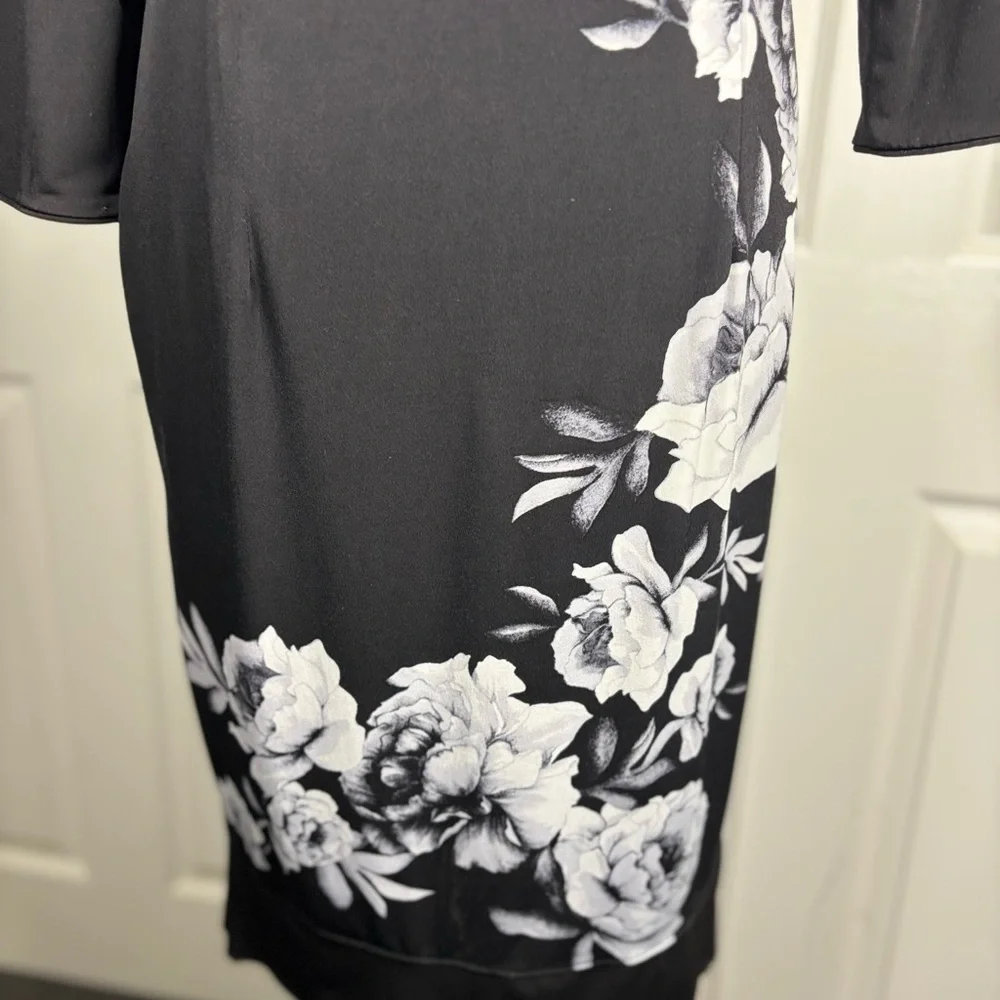 White House Black Market Asymmetrical Black Dress with White Floral Design - Picture 4 of 13